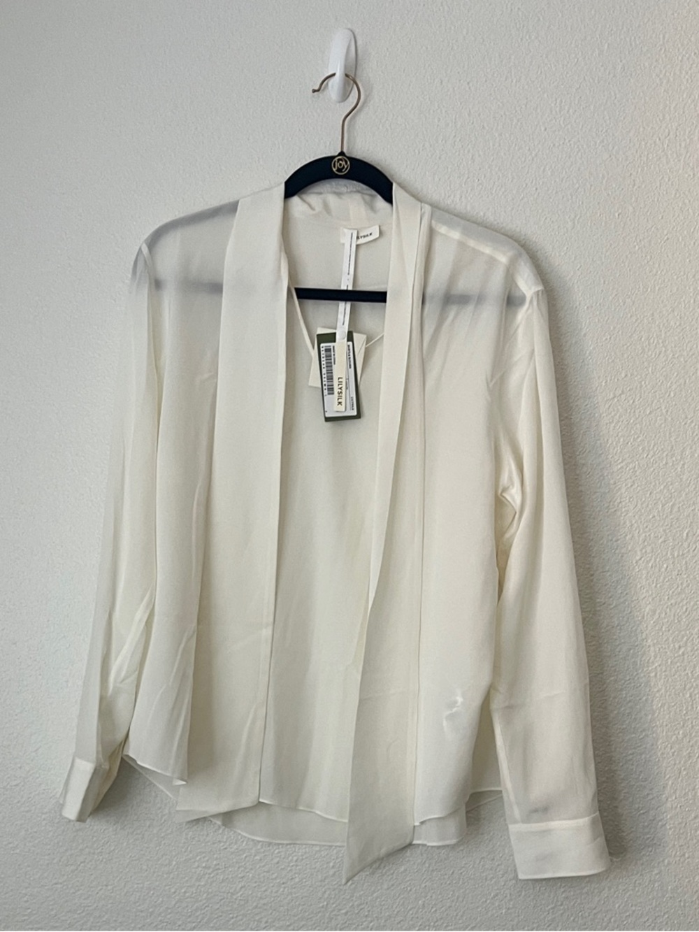 LILYSILK 100% Silk Blouse with Soft-Tie Front Drape- Natural White Size L NWT